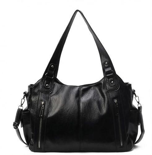 XCZAP Vintage Punk PU Leather Tote Bag for Women: Large Slouchy Crossbody Hobo Bag, Waterproof Spacious Interior & Adjustable Strap - College, Work, Travel, Daily Use (Black)
