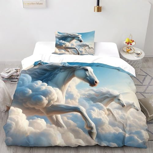 QIVELDE 3D HORSES Duvet Cover Set Wildlife For Kids Boys Teens 2 Pieces Soft And Breathable with 1 Pillowcase With Zipper Single（135x200cm）