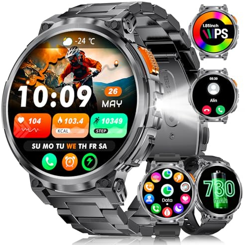 ESFOE Montre Connectée Homme avec 1,85'' HD Grand Écran/LED Lampe, 730mAh Batterie Montre Intelligente avec 24/7 Moniteur de Fréquence Cardiaque et Sommeil, IP68 Étanche pour Android iOS, 3 Bracelets