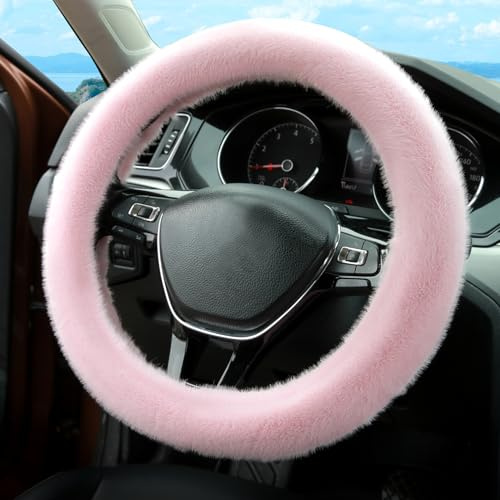 Valleycomfy Lenkradabdeckungen Plüsch Lenkradhülle Puffy Kunstnerzfell Lenkradbezug Weich Bequem Lenkrad Abdeckung Für Frauen Männer Universal 37-39cm, Rosa