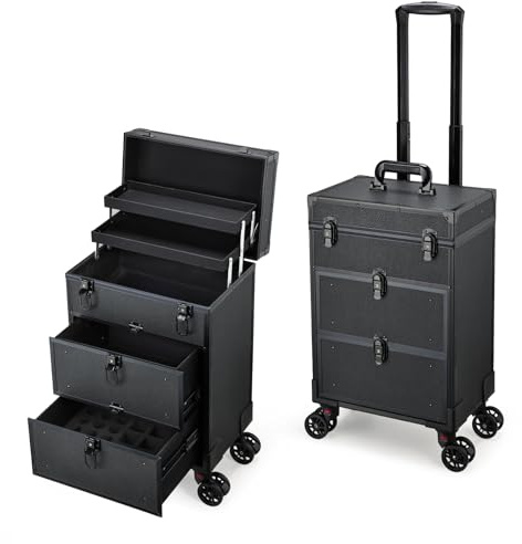 Valise Maquillage avec 2 Grands tiroirs Malette Maquillage à roulettes Valise Onglerie Trolley Esthetique Malette Coiffure/Tatouage, Noir