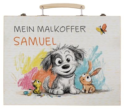 Striefchen® Malset für Kinder mit 66 Teilen – personalisiert mit Name oder Text – Designs für Jungen & Mädchen – Malkoffer mit Tragegriff – Geschenk zur Einschulung oder Geburtstag (Tiere)