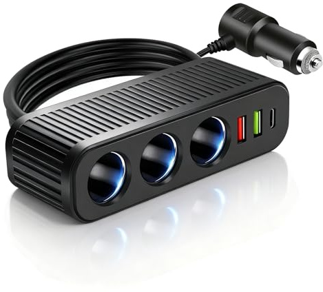 SUNNIFLY Adaptador Mechero Coche a Enchufe, 120W Cargador Coche con 3 Puertos Mechero+1 Puerto 3.0 USB+1 Puerto 3.1 USB+1 Conector PD para Coches 12V/24V