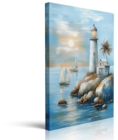Coastal Beach Lighthouse Sailboats Seagulls Palm Tree Tropical Sunset Canvas Wall Art Framed Blue Painting Serene Ocean Seascape Nautical Wall Decor Artwork Vintage for Bathroom 16x24 Inches