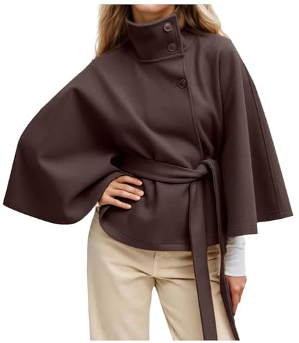 Duohropke Veste courte en laine pour femme - Manteau col montant - Trench avec ceinture - Manches chauve-souris - Poncho - Cape Manteau élégante - Veste d'hiver - Manteau court classique - Manteau de