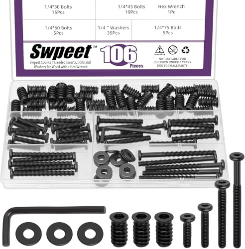 Swpeet 35 Set 1/4-20 Inserti filettati placcati in zinco di colore e bulloni Kit assortimento di lavatrici, 1/4 × 30/45/60/75 Flat Head Hex Socket Furniture Bullons, Totale 106Pcs