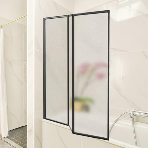 ISOISL Box doccia per vasca da bagno in plastica, per vasca da bagno, a prova di schegge, 120 x 140 cm, pieghevole in 3 pezzi, telaio in alluminio nero, montato a sinistra/destra, con effetto opaco