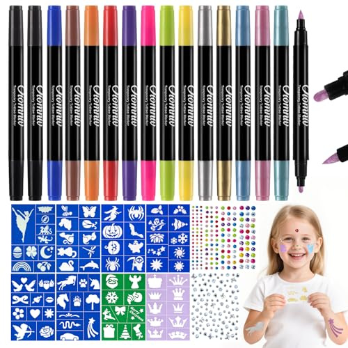 Oiomniv Temporary Tattoo Markers for Skin, 15PCS Dual-End Tattoo Pens Body Markers for Kids Adults, 78 Tattoo Stencils 2 Face Gems Stickers, Glitter Matte Tattoo Pens, Flexible Brush Tip, Skin Safe