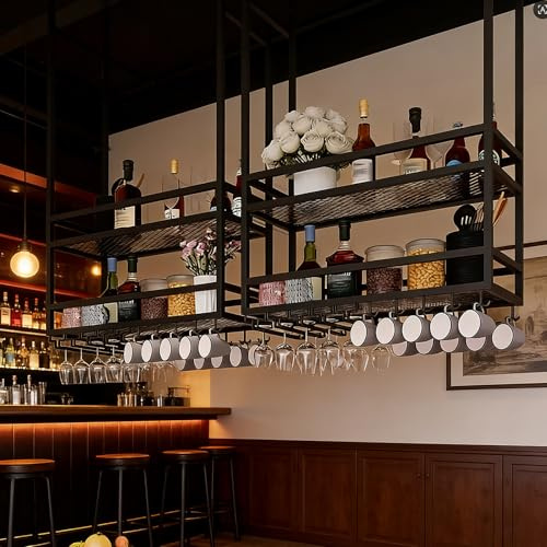 SPTZQURY Portabicchieri da Soffitto,portabottiglie da appendere in metallo, espositore da parete a 2 ripiani per vino, mensola decorativa da soffitto per bar, ristoranti, cucine (Black, 120cm)