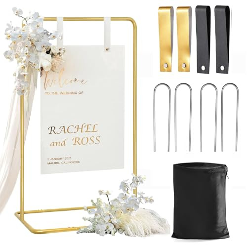 SZSMART Wedding Welcome Sign, Adjustable Welcome to Our Wedding Sign Stand Bundle Greeting Card Easel Display Stands Hanging Straps Wedding Decorations for Reception Stand Wedding Decor Gold Frames