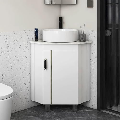 GenSDH Corner Bathroom Sink, Ceramic Corner Sink, Corner Bathroom Vanity, Floor-Standing Sink, Corner Balcony Sink with Storage Container, White,43cm/16.9in