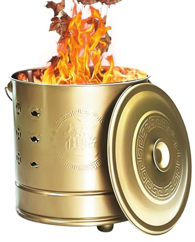 Barili brucianti per esterni, cestino portatile in acciaio di sicurezza, con coperchio, gancio per fuoco e inserto per focaia per rifiuti da giardino, legno, rifiuti, denaro falso, braciere