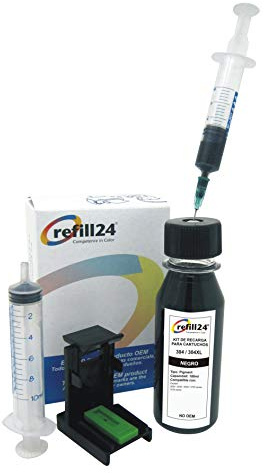refill24 Nachfüllset: Nachfülltinte 100 ml kompatibel für Druckerpatronen HP 304, 304 XL Schwarz + Zubehör + Druckertinte für DeskJet 2630, 3720, 3730, 3735, 3750, 3760, Envy 5020, 5030, 5032