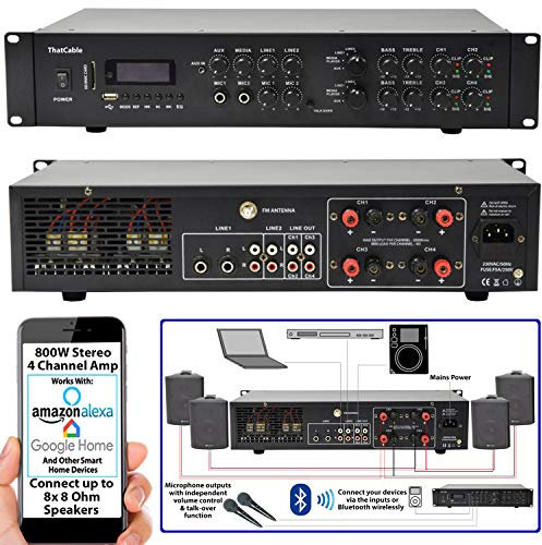 Powerful Bluetooth Mixer Amplifier | 200W Per Channel HiFi Zoning Kit | Wireless Music Streaming | Audio Sound Karaoke System | Echo Alexa | var0194 (800W - 4 Channel)
