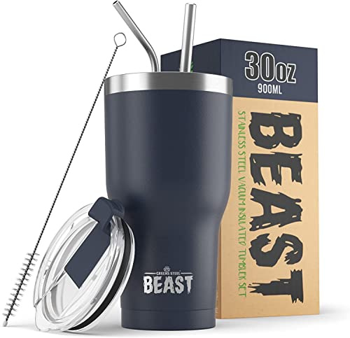 Beast Tumbler - 900 ml (30 oz), Navy Blue | Reusable Stainless Steel, Vacuum Insulated Cup | with + 2 Straws & Cleaning Brush | Double Wall Travel Flask Perfect for Hot or Iced Coffee | BPA Free