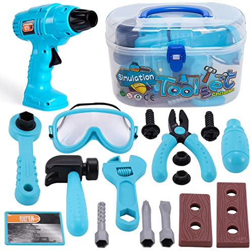 HERSITY Werkzeugkoffer Kinder Werkzeug Spielzeug Handwerker Spiel mit Elektrische Bohrmaschine Tool Geschenk für Kleinkinder Jungen Mädchen