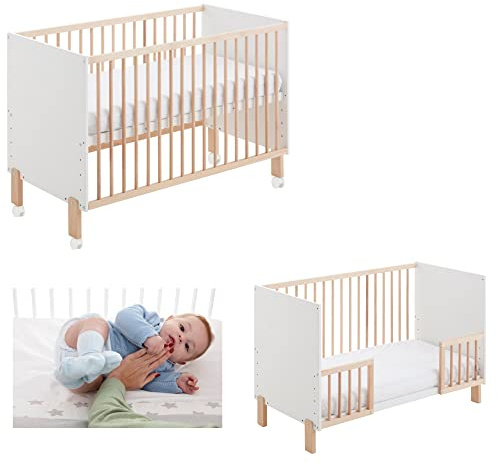 Cuna Convertible en Cama Umami Estilo Nórdico Infantil, con Ruedas, Kit Colecho y Barandillas de Seguridad CoolDreams