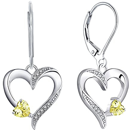 YL Hjärta örhängen 925 sterlingsilver snitt 12 födelsesten zirkonia kärlek hjärta droppar örhängen för kvinnor, Silver, Zirkonia,