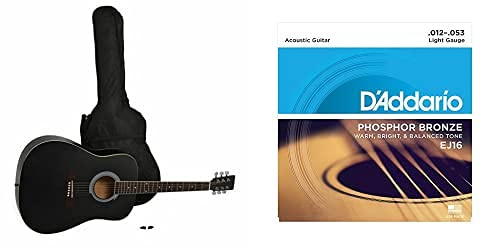 Navarra Nv31 - Guitarra Acústica Con Bolsillo, Color Negro + D'Addario Ej16 - Juego De Cuerdas Para Guitarra Acústica De Fósforo/Bronce, 012' - 053, Naranja