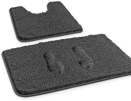MEKO Badematte aus Chenille, 2er Set Badezimmerteppich rutschfest Duschvorleger und saugfähiger U-förmiger Konturteppich und Fußmatte für Badezimmer Dusch, waschbar und super weich (Dunkelgrau)