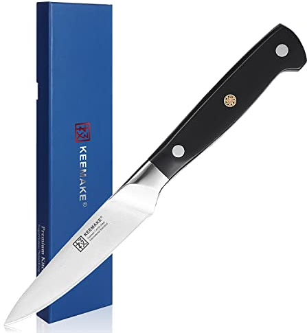 KEEMAKE Paring Knife 3.5 inch, Small Kitchen Knives High Carbon German Stainless Steel Blade, Forged Fruit Knife with Full Tang Black Handle Peeling Knife