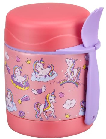 Pawtong 10oz Soup Thermo for Hot Food Kids Insulated Food Jar,Thermo Hot Food Lunch Container, Width Mouth Stainless Steel Lunch Box for Kids with Spoon (Pink-Cute Horse)