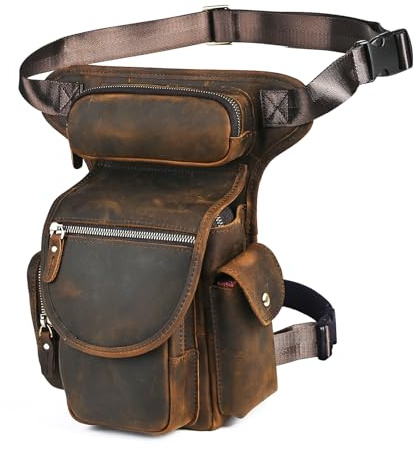 Handadsume Lona Impermeable + Cuero -Motocicletas -Senderismo-Bolsillos-Los Bolsillos de Fanny-Bolsa de Muslos y piernas-Bolsa de Cadera-para Hombres y Mujeres fb211-8 (X - 3109-100% Cuero)