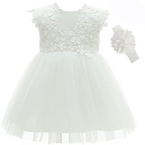 Leideur Bambine Abito da Battesimo Bianco con Cappellino Abito da Battesimo Neonato Abito in Pizzo per Matrimonio Compleanno (Bianco 2, 6Mesi)