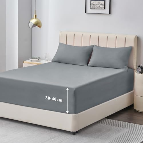 Aisbo Spannbettlaken 90x200cm Bettlaken Boxspringbett - Bett Laken Grau 90x200 aus Premium Mikrofaser, weiches Spannbetttuch 90 x 200 Hellgrau Steghöhe 40cm für Wasserbett Bed Fitted Sheet
