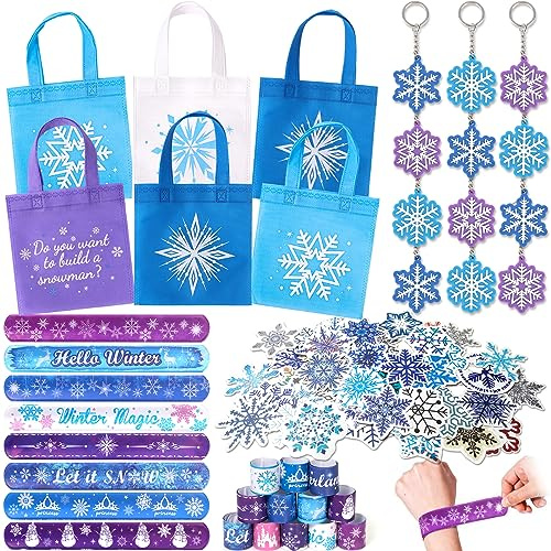 Tacobear 86Stk Mitgebsel Kindergeburtstag Give Aways Gastgeschenke mit Schneeflocke Geschenktüten Aufkleber Schnapparmband Schlüsselanhänger Party Mitbringsel Pinata Füllung Mädchen