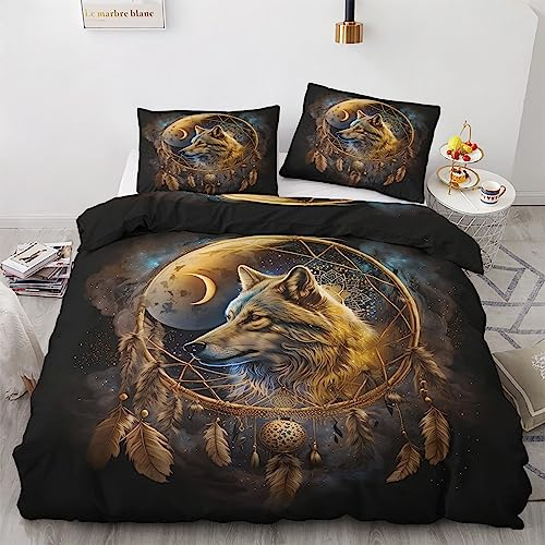 GEDAEUBA Wolf Bettwäsche 140x200 Sommer - Federn Traumfänger Bettbezug 140x200 2er Set, Wendebettwäsche und Kissenbezug 70x90, Weiche & Atmungsaktive Mikrofaser Bettwäsche-Sets mit Reißverschluss