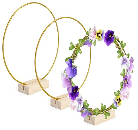 3 Pezzi Cerchio Metallo, PARFCO Cerchi Centrotavola, 20cm Cerchio Metallo con Base in Legno, Anello in Ferro Oro per Realizzare Decorazioni di Ghirlande Nuziali e Arazzi