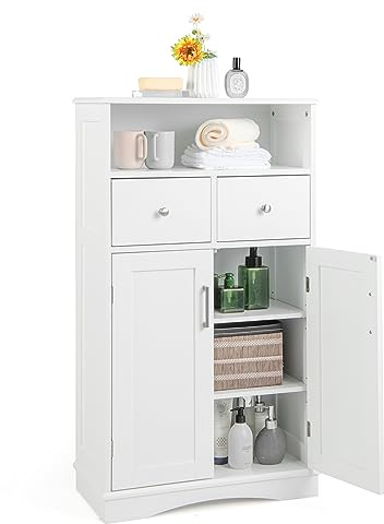GIANTEX Badezimmerschrank, Badschrank Holz, Beistellschrank mit 2 Schubladen & 2 Türen & Verstellbare Ablage, Badkommode Aufbewahrungsschrank Freistehend, 60 x 30 x 108 cm (Weiß)