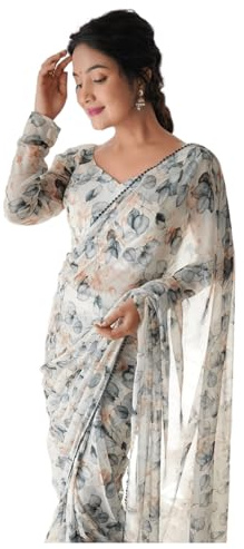Sidhidata Sari de un minuto con estampado de georgette listo para usar con blusa sin costuras (color negro, tamaño libre), Negro, Talla Unica