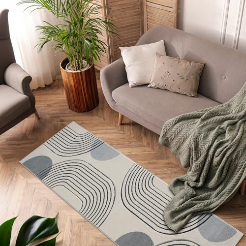 payé Teppich Läufer Kurzflor Beige Grau - 80x300cm - Boho Abstrakt Muster Modern Skandinavisch Wohnteppich Schlafzimmer