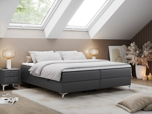 MKS MEBLE Boxspringbett Less 160x200 cm, Bett mit Bettkasten, Multipocket Matratze H4 7-Zonen, Topper T25, minimalistisches Doppelbett – Dunkelgrau Kunstleder
