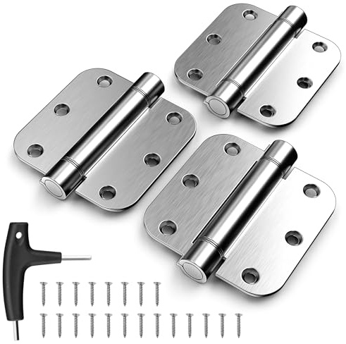 KOLET Self Closing Door Hinges, 3.5 x 3.5 Inches Door Hinges with Auto Close, 5/8 Radius Corners Spring Hinges, Heavy Duty Stainless Steel, No Pin Installation, Brushed Nickel, 3 Pack