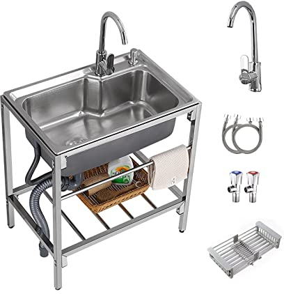Fregadero de cocina de acero inoxidable, fregadero independiente comercial, compartimento de un solo cuenco, fregadero comercial con grifo, para interiores y exteriores, garaje, lavandería/cuarto de