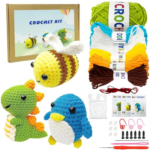 Ruikdly Kit per Uncinetto per Principianti 3 Pezzi Kit per Animali All'uncinetto con Uncinetti, Filato, Video di Istruzioni Kit Uncinetto Completo per Lavori a Maglia per Fai da Te