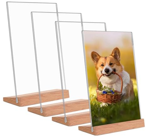 Andchi Lot de 4 présentoirs de table en acrylique - En forme de L - Support de menu en bois pour restaurants et bureaux (A6 vertical)