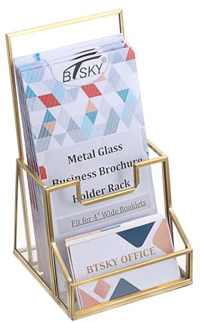 BTSKY Golden Glass Brochure Holder for 4 Wide Trifold Handouts, Countertop Pamphlet Flyer Holder Display Stand with Business Card Holder, Clear Elegant Brochure Display Stand for Magazine Booklets