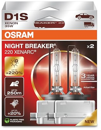 OSRAM XENARC NIGHT BREAKER 220, D1S, +220% di luminosità in più, lampada per fari allo xeno, 66140XN2-2HB, scatola pieghevole (2 lampade)