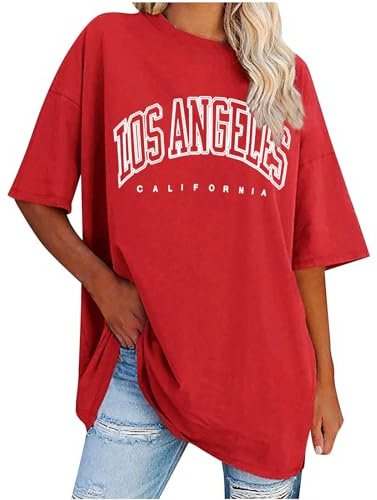 UHouse Tshirt Damen Elegant T Shirt Casual Longshirt Mode Motiv Bekleidung Los Angeles Oberteile Sommer Bluse Oberteile Frau Lockere Top Baumwolle Tee Shirts Blusen Rot 4XL