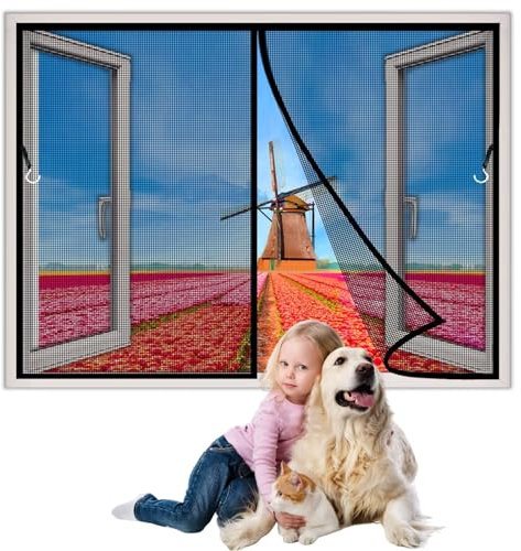 Magnet Fliegengitter Fenster InsektenschutzFenster, 185x150cm Fliegengitter Magnetisch Vollmagnetisch BalkonFenster Insektenschutz Klettband Klebemontage für Dachfenster, Schwarz 1995-Größe
