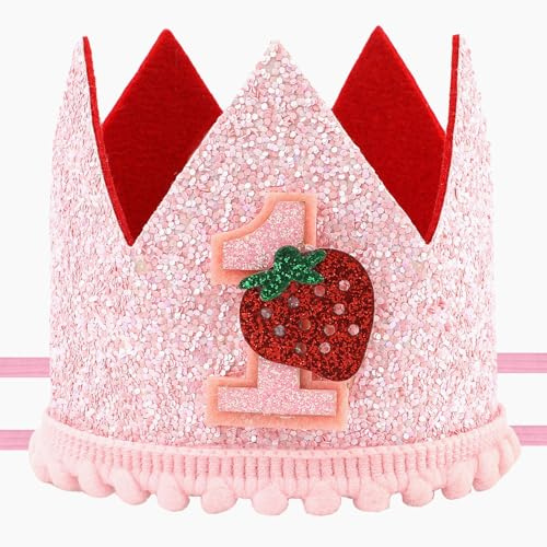 PEUTIER Beeren-Mütze für Den Ersten Geburtstag, Süße Rosa Erdbeer-Mütze für Den 1. Geburtstag Geburtstagskrone Mädchen Erdbeer-Geburtstags-Kopfbedeckung für Babyparty Party-Dekoration Foto-Requisiten