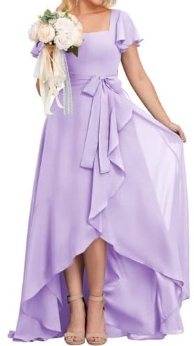 Vestido de dama de honor de princesa asimétrico, cuello cuadrado, vestido de gasa formal, vestido de fiesta de noche con mangas, Lila, 44