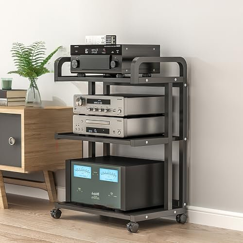 Audio AV Tower Media Stand Rack Audio da Pavimento a 3/4/5 Strati Mobile HIFI Scaffale Angolare Mobile con Ruote Piroettanti Adatto a Soggiorno Sala Giochi Studio di Registrazione.(Black,50x40x81cm)