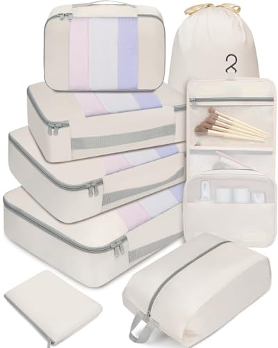 BAGAIL 8er-Set Packwürfel in verschiedenen Größen Packorganizer für Reisezubehör Handgepäck Koffer – Beige