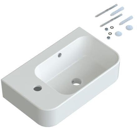 Lavabo in ceramica rettangolare, piccolo da appendere, 45 x 27 x 10,5 cm, con troppopieno e foro per rubinetto senza base, bianco, montaggio a parete, lavabo angolare, bordo ultra sottile, molte