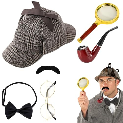PLLYPE Set Di Accessori Per Costume Da Detective, 7 Pezzi Accessori Per Costume Da Sherlock Holmes Con Cappello Da Detective, Oggetti Di Scena Per Cosplay Da Detective Per Adulti
